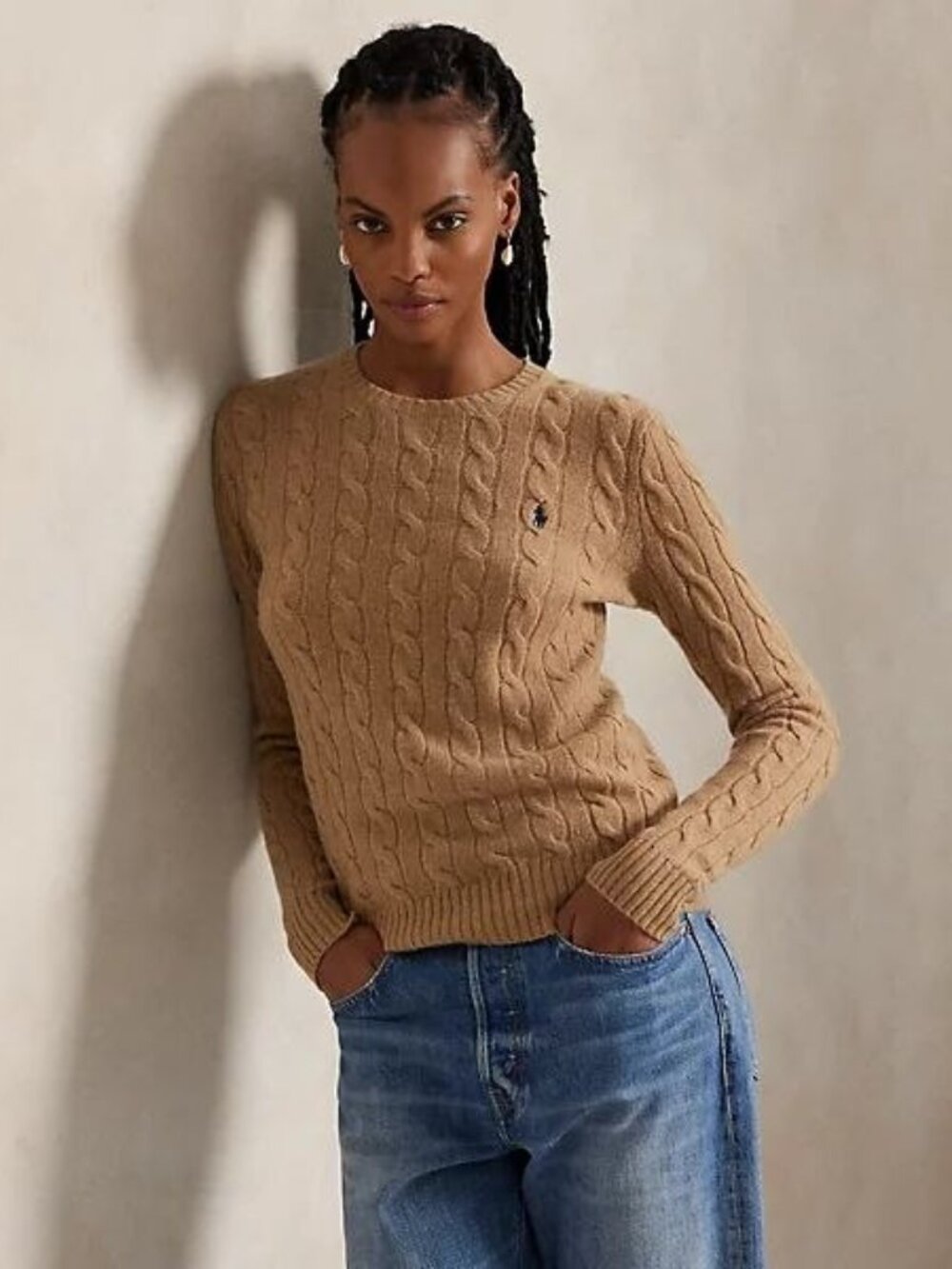 $198 Polo Ralph Lauren Cable-Knit Wool-Cashmere Sweater Camel Size M